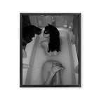 A girl and her cat lapping it up in milk; apartment bathtub nude portrait black and white photograph - photography - photographs Framed Canvas Print Gallery Image 8