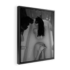 A girl and her cat lapping it up in milk; apartment bathtub nude portrait black and white photograph - photography - photographs Framed Canvas Print Gallery Image 2