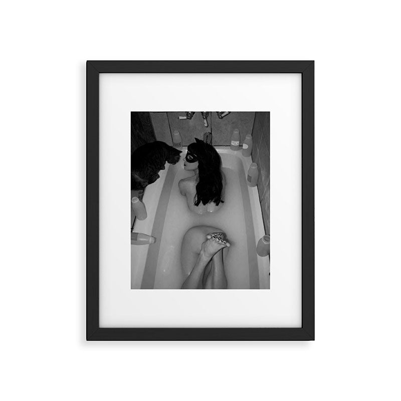 A girl and her cat lapping it up in milk; apartment bathtub nude portrait black and white photograph - photography - photographs Framed Art Print Gallery Image 4