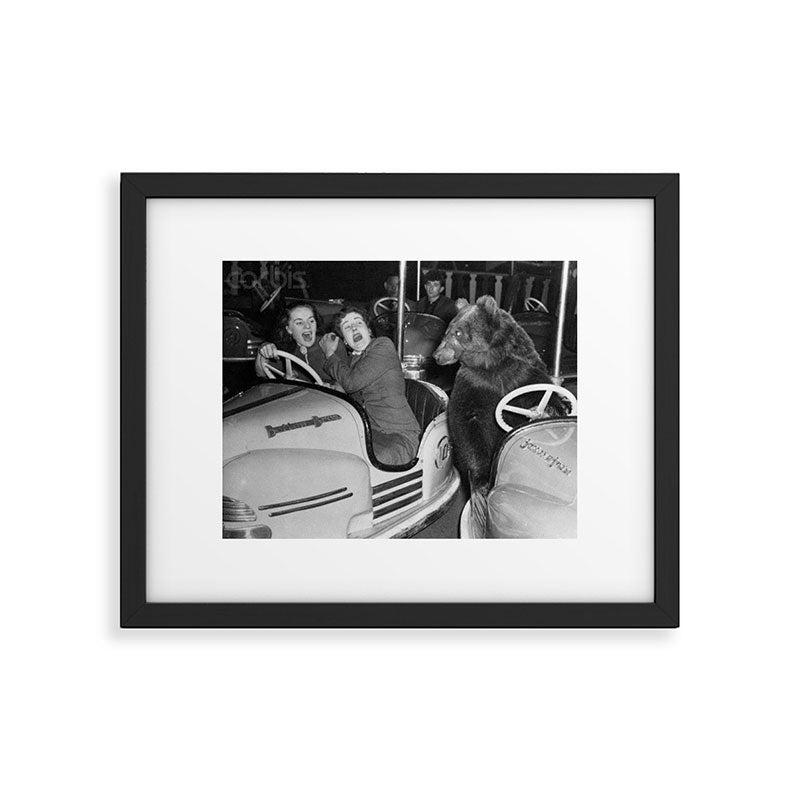 Bear with me; bear riding bumper cars scary women at carnival vintage black and white photograph - photography - photographs wall decor Framed Art Print Gallery Image 6