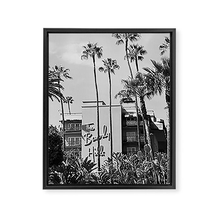 Beverly Hills Hotel, California black and white photograph / black and white photography Framed Canvas Print Gallery Image 1