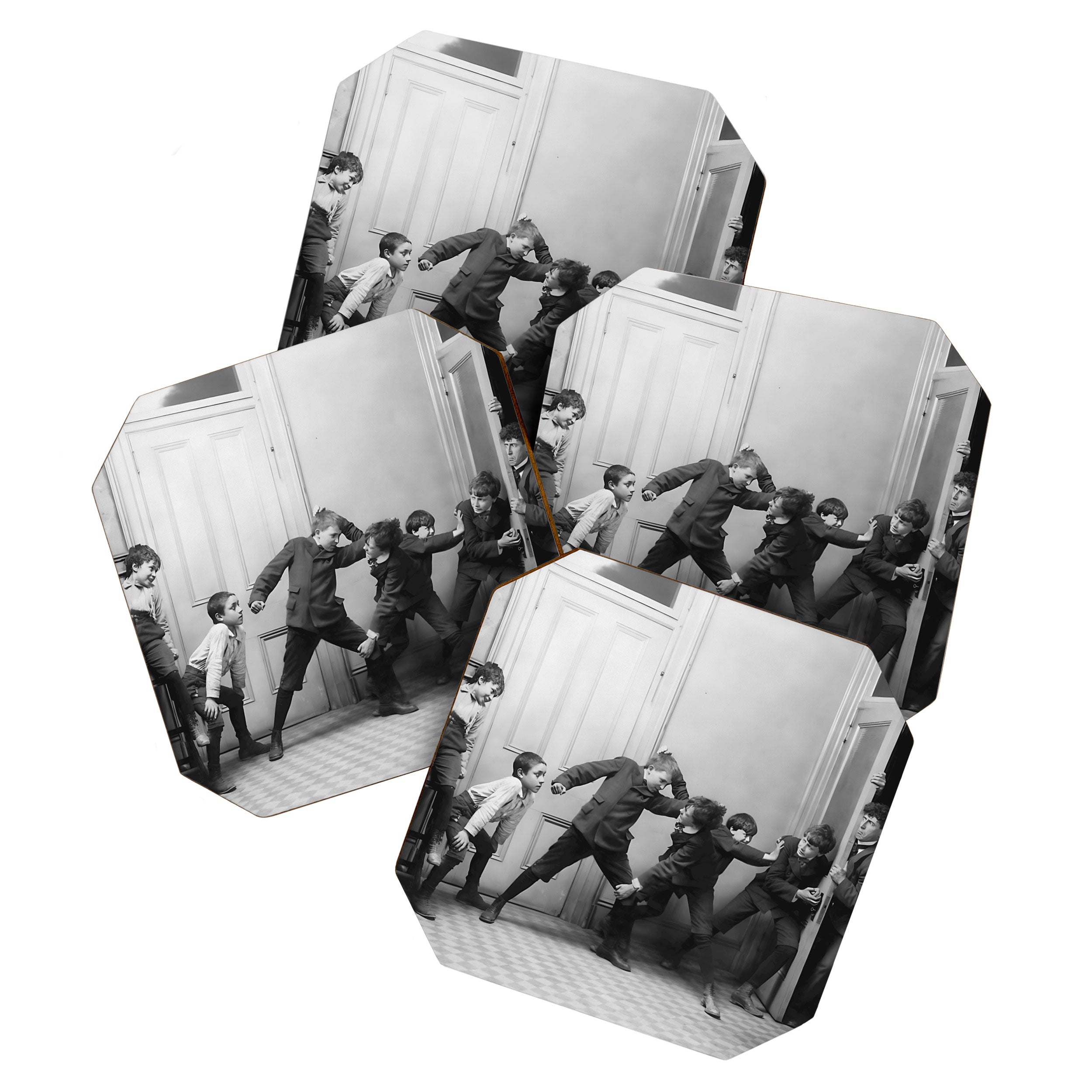 Boys will be boys funny school boys rough housing black and white vintage photograph by Fitz Guerin Coaster Gallery Image 1