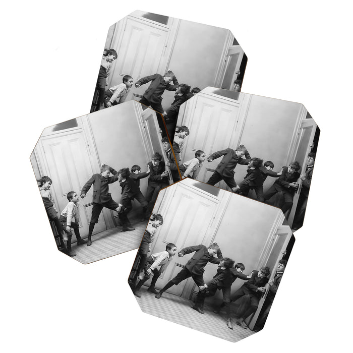 Boys will be boys funny school boys rough housing black and white vintage photograph by Fitz Guerin Coaster Gallery Image 1