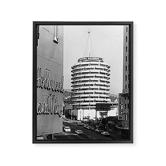 Capital Records Building, Los Angeles, California black and white photograph / black and white photography Framed Canvas Print Gallery Image 1