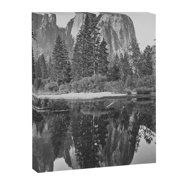 Cathedral Rocks and Reflections, Yosemite black and white photograph by Charles Leander Weed Canvas Print Gallery Image 1