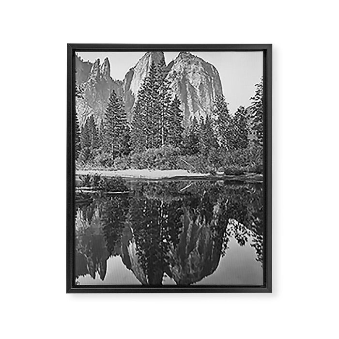 Cathedral Rocks and Reflections, Yosemite black and white photograph by Charles Leander Weed Framed Canvas Print Gallery Image 1