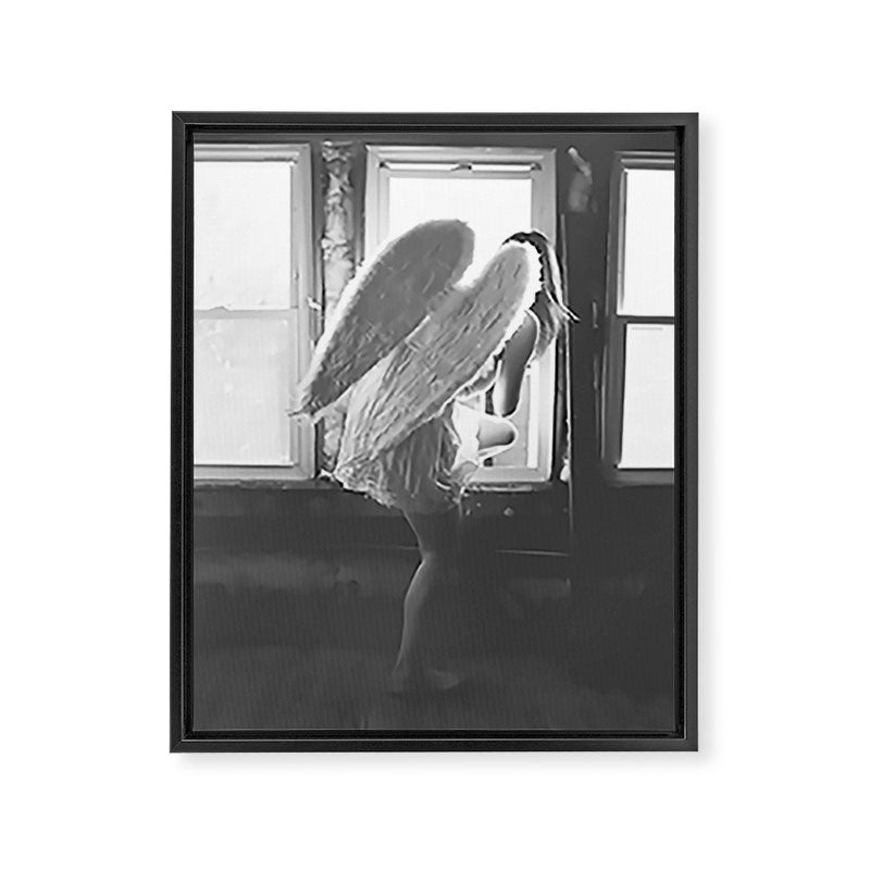 Caught Her Sneaking Out the Bathroom Window female angel black and white photograph - photography - photographs wall decor Framed Canvas Print Gallery Image 6
