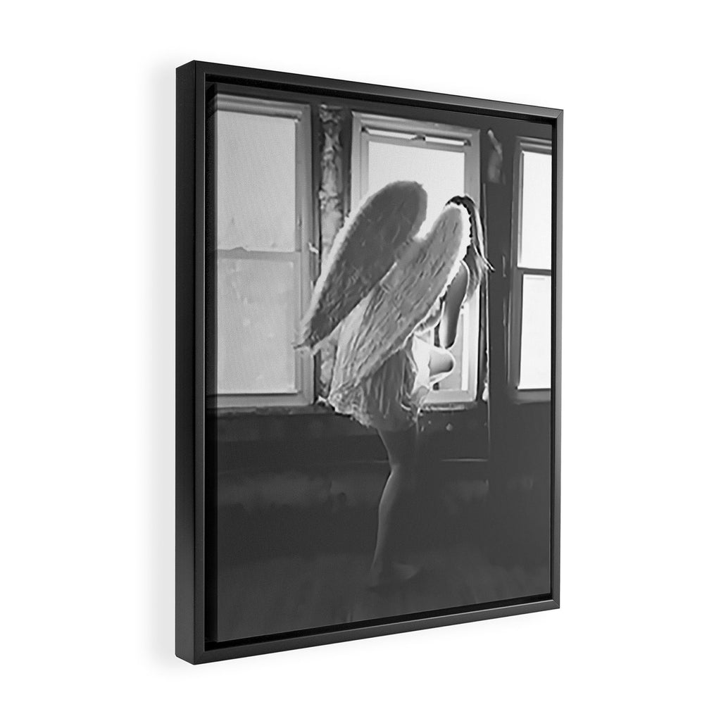 Caught Her Sneaking Out the Bathroom Window female angel black and white photograph - photography - photographs wall decor Framed Canvas Print Gallery Image 2