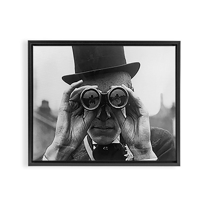 Derby Spectator watching ponies with opera glasses black and white photograph - photography - photographs Framed Canvas Print Gallery Image 3