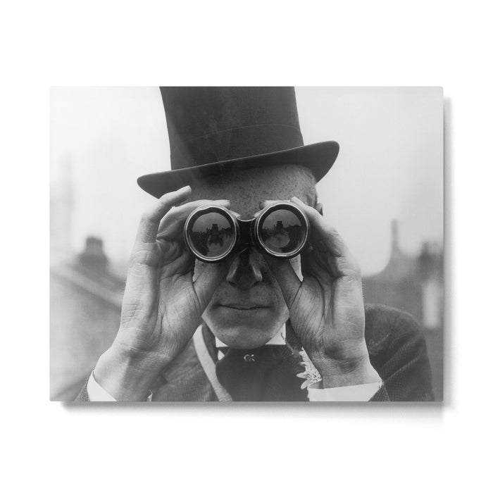 Derby Spectator watching ponies with opera glasses black and white photograph - photography - photographs Metal Print Gallery Image 1