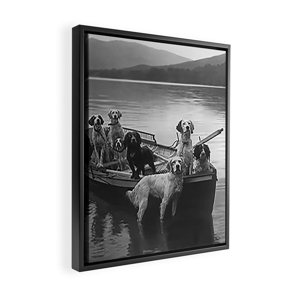 Dogs on a boat black and white canine photograph portrait - photographs - photography Framed Canvas Print Gallery Image 2