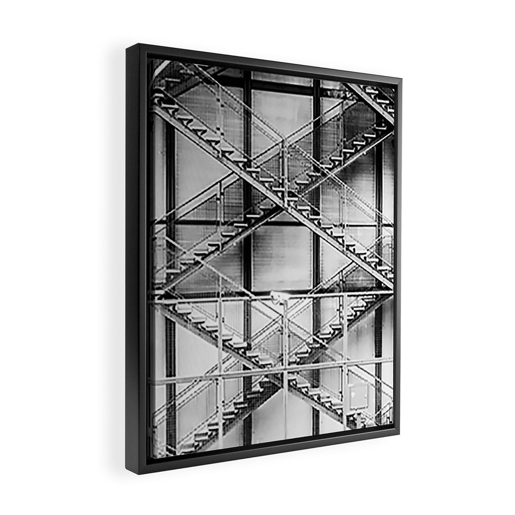 Escape from New York fire escape symmetrical steel staircase architecture black and white photograph Framed Canvas Print Gallery Image 2