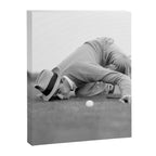 Eye to the ground on the 18th hole; golfing man eyes ball to measure distance to hole vintage black and white portrait photograph - photography - photographs poster Canvas Print Gallery Image 8