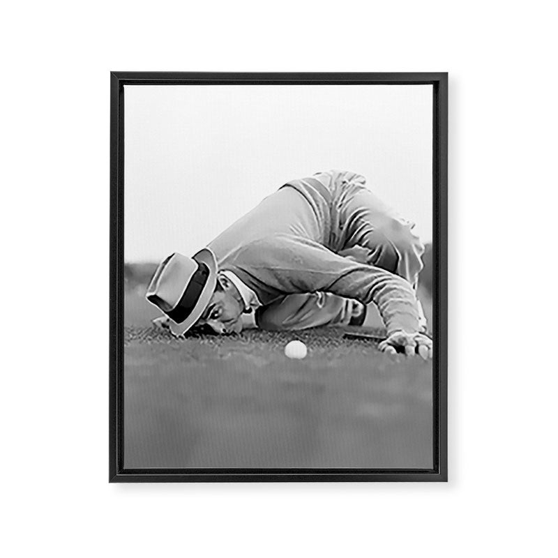 Eye to the ground on the 18th hole; golfing man eyes ball to measure distance to hole vintage black and white portrait photograph - photography - photographs poster Framed Canvas Print Gallery Image 8