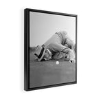 Eye to the ground on the 18th hole; golfing man eyes ball to measure distance to hole vintage black and white portrait photograph - photography - photographs poster Framed Canvas Print Gallery Image 2