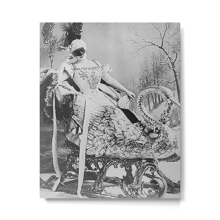 Eyes wide open, Lillian Russell, 1895 seated masquerade ball portrait black and white photograph Metal Print Gallery Image 1