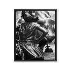 Fearless Girl facing down the Charging Bull statue of Wall Street black and white photography Framed Canvas Print Gallery Image 8