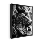 Fearless Girl facing down the Charging Bull statue of Wall Street black and white photography Framed Canvas Print Gallery Image 2