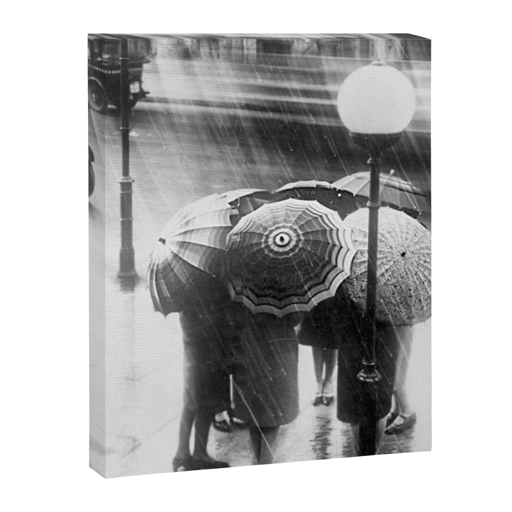 Friends in the Rain with Umbrellas black and white photography Canvas Print Gallery Image 8
