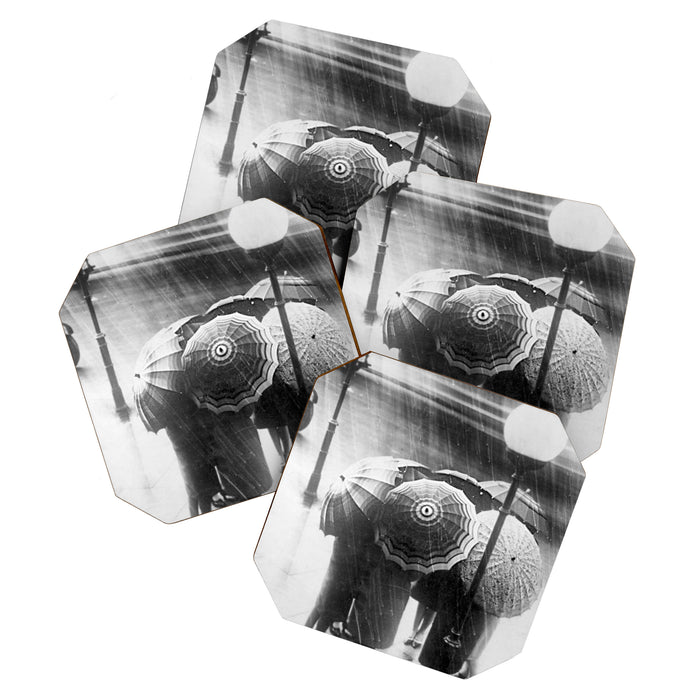 Friends in the Rain with Umbrellas black and white photography Coaster Gallery Image 1