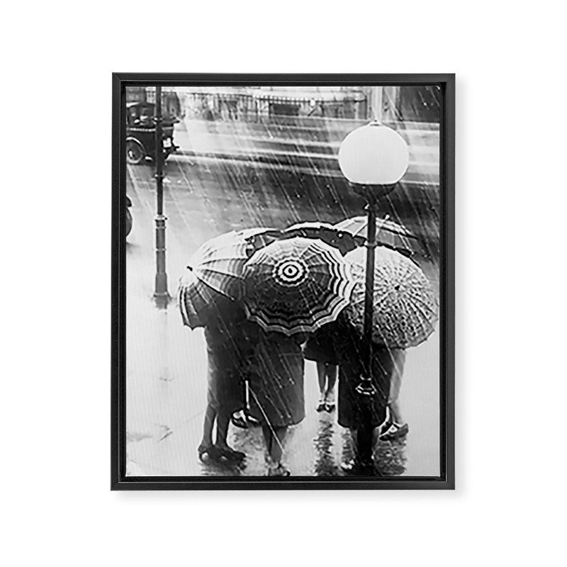 Friends in the Rain with Umbrellas black and white photography Framed Canvas Print Gallery Image 8
