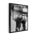 Friends in the Rain with Umbrellas black and white photography Framed Canvas Print Gallery Image 2