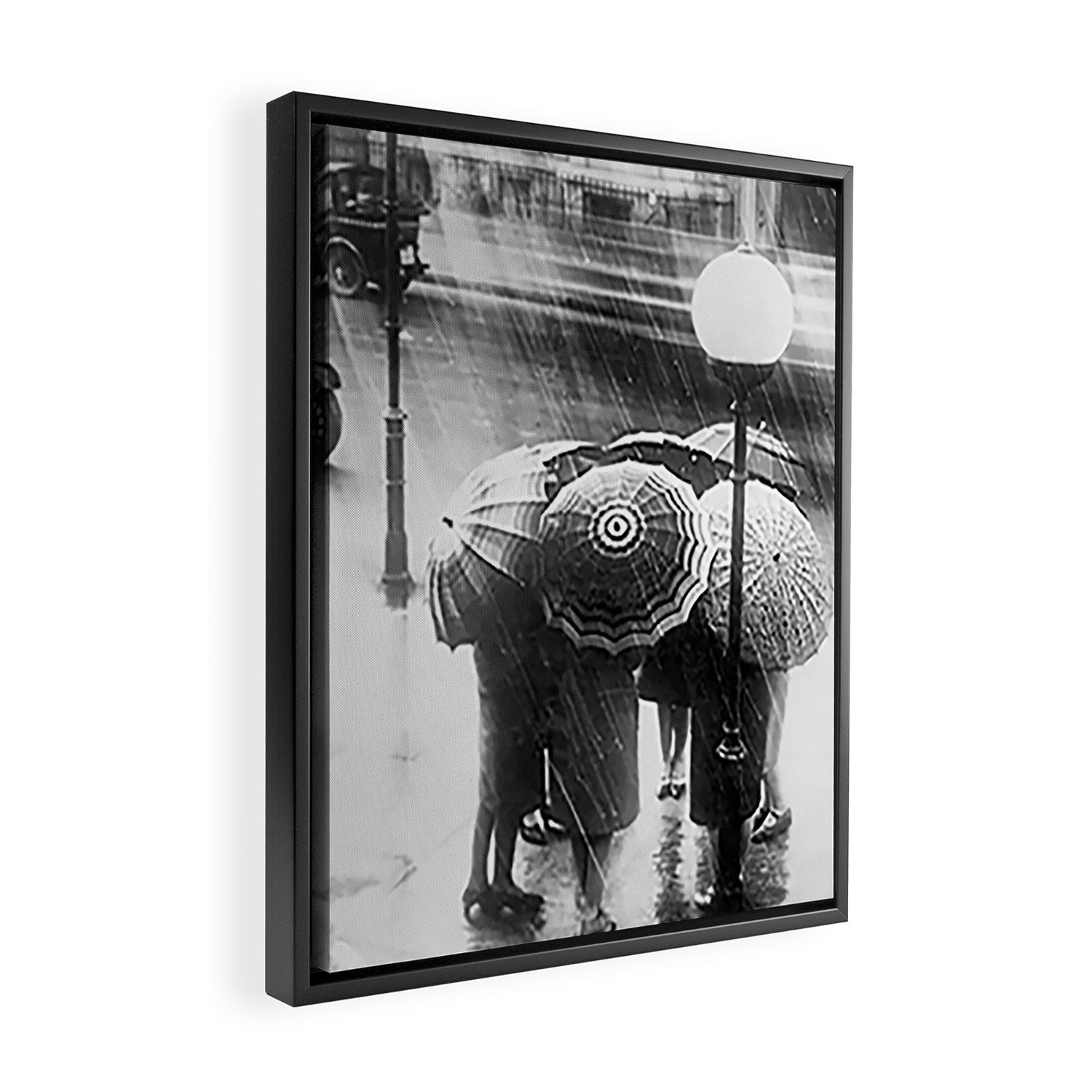Friends in the Rain with Umbrellas black and white photography Framed Canvas Print Gallery Image 2