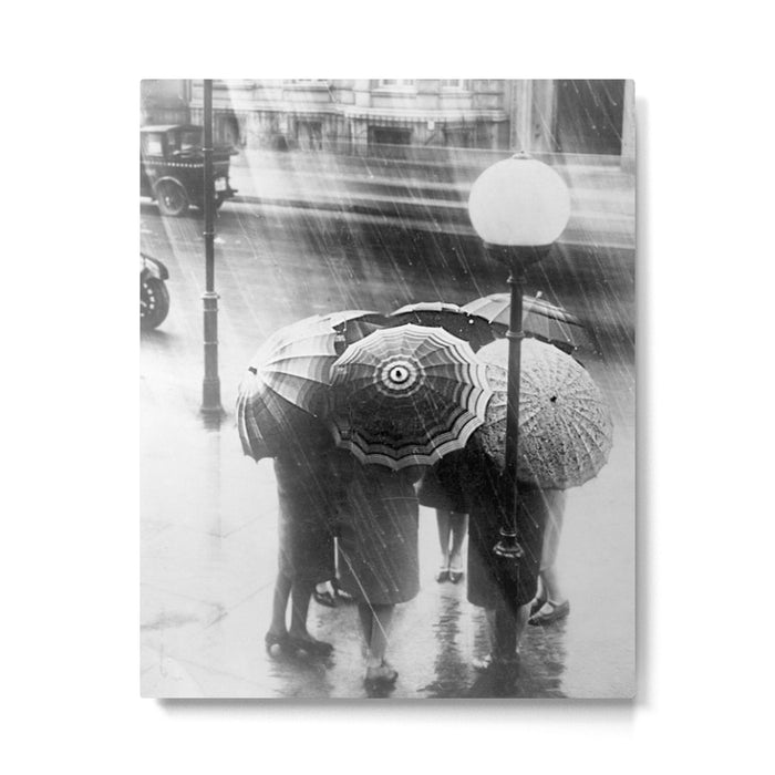 Friends in the Rain with Umbrellas black and white photography Metal Print Gallery Image 1