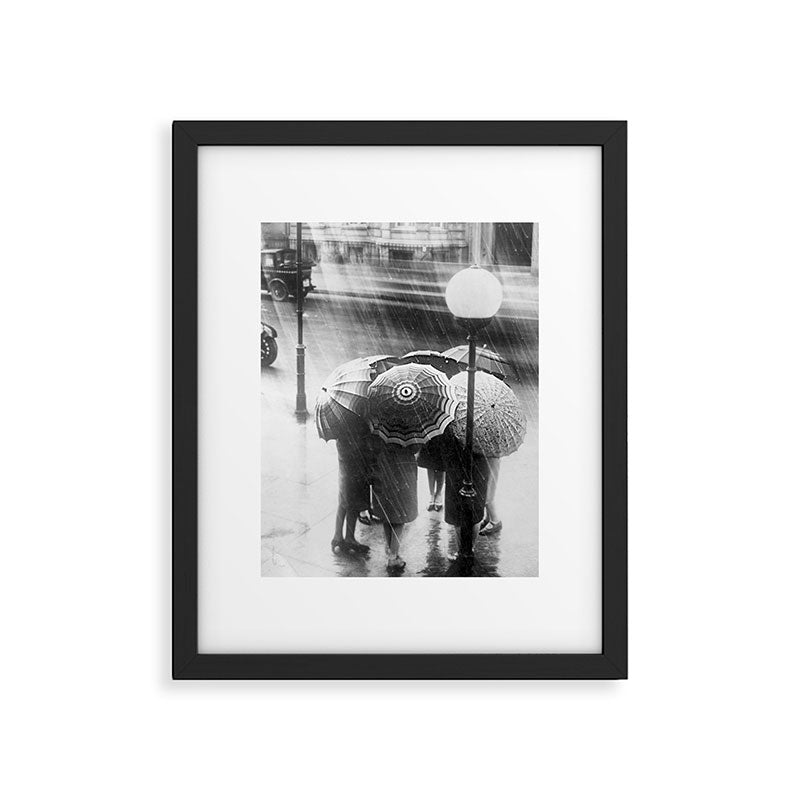 Friends in the Rain with Umbrellas black and white photography Framed Art Print Gallery Image 4