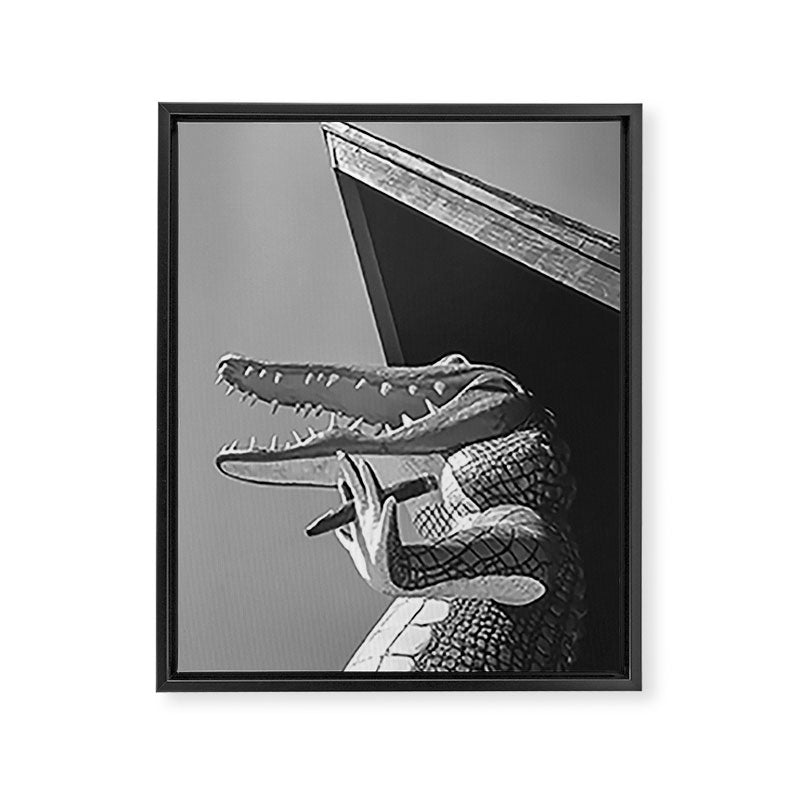 Gatorland Zoo alligator statue Route 1 St. Augustine, Florida everglades black and white photograph Framed Canvas Print Gallery Image 8