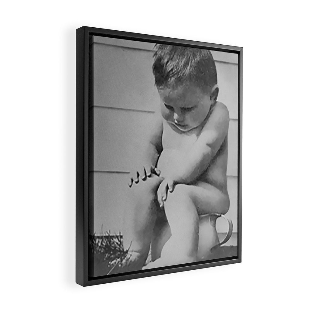 Giving all your effort - funny baby potty training on the pot black and white photograph  Framed Canvas Print Gallery Image 2