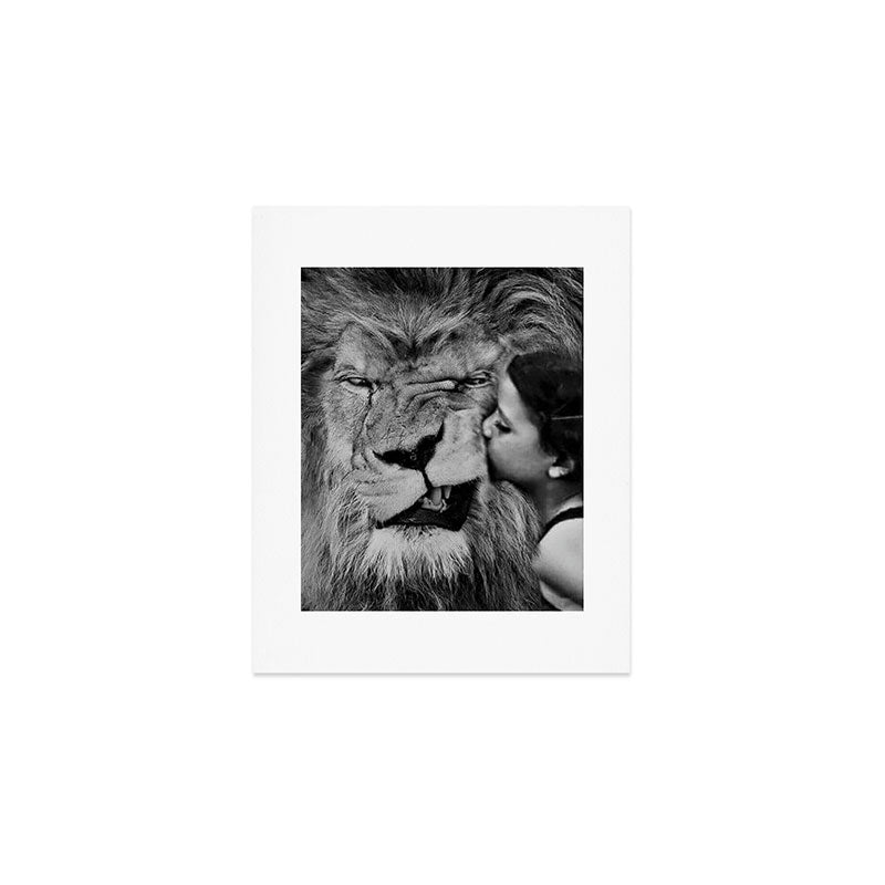 Grouchy Lion being kissed by brunette girl black and white photography Art Print Gallery Image 1