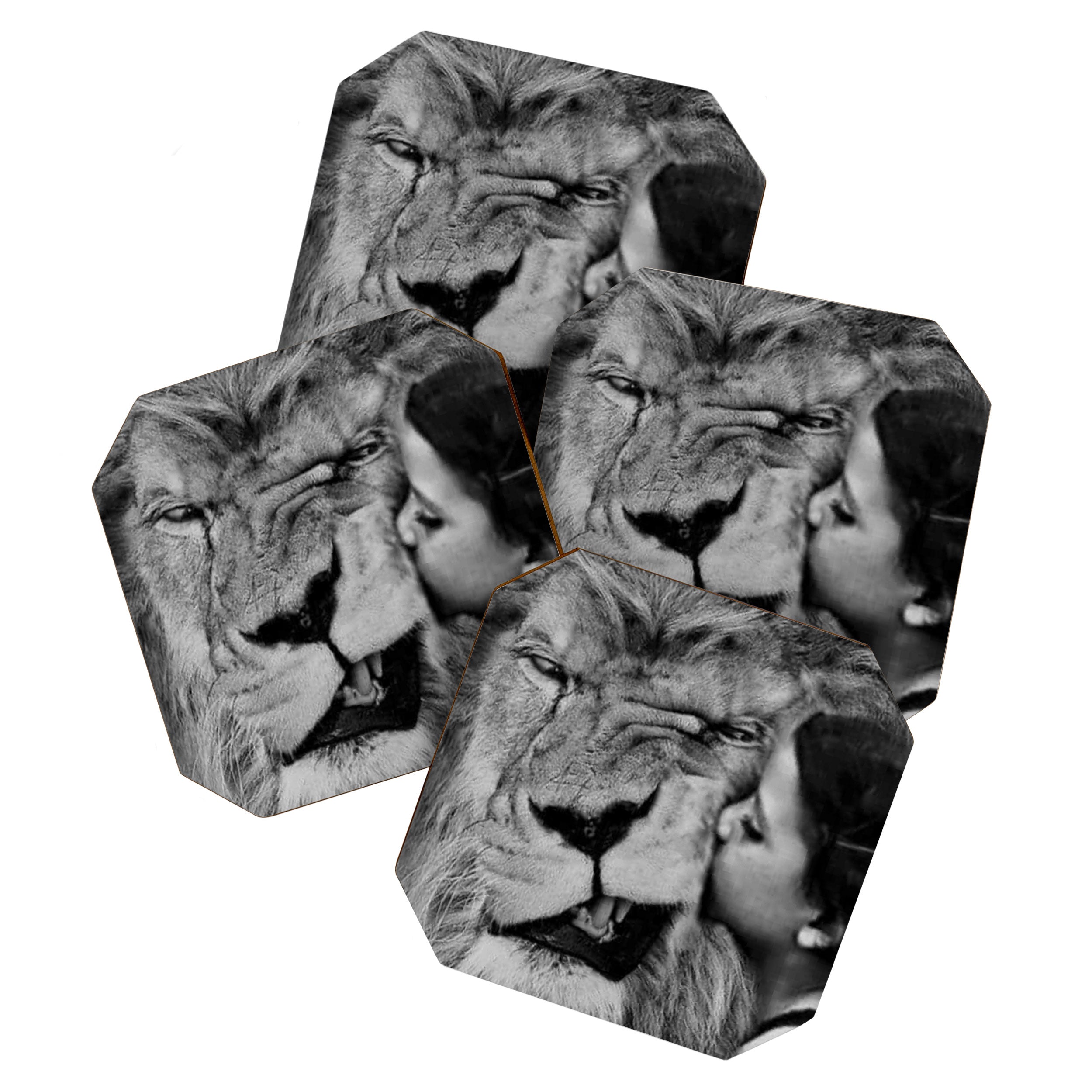 Grouchy Lion being kissed by brunette girl black and white photography Coaster Gallery Image 1