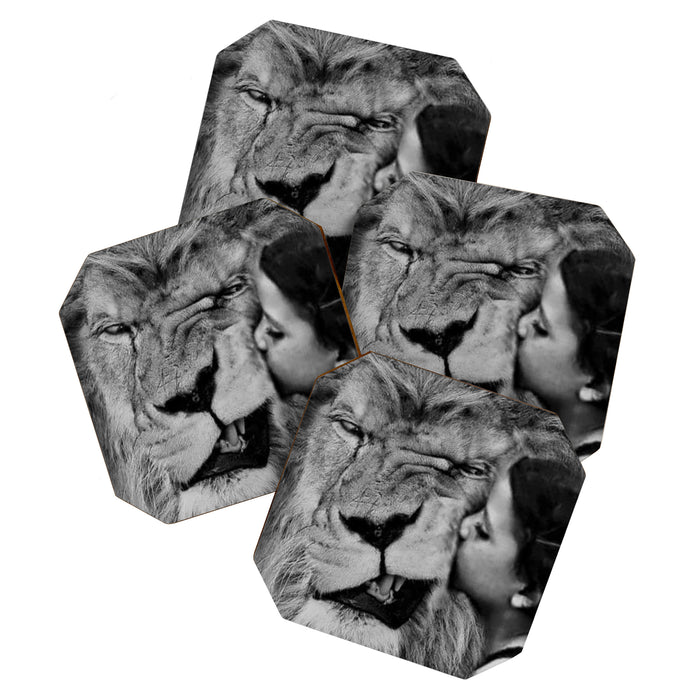 Grouchy Lion being kissed by brunette girl black and white photography Coaster Gallery Image 1