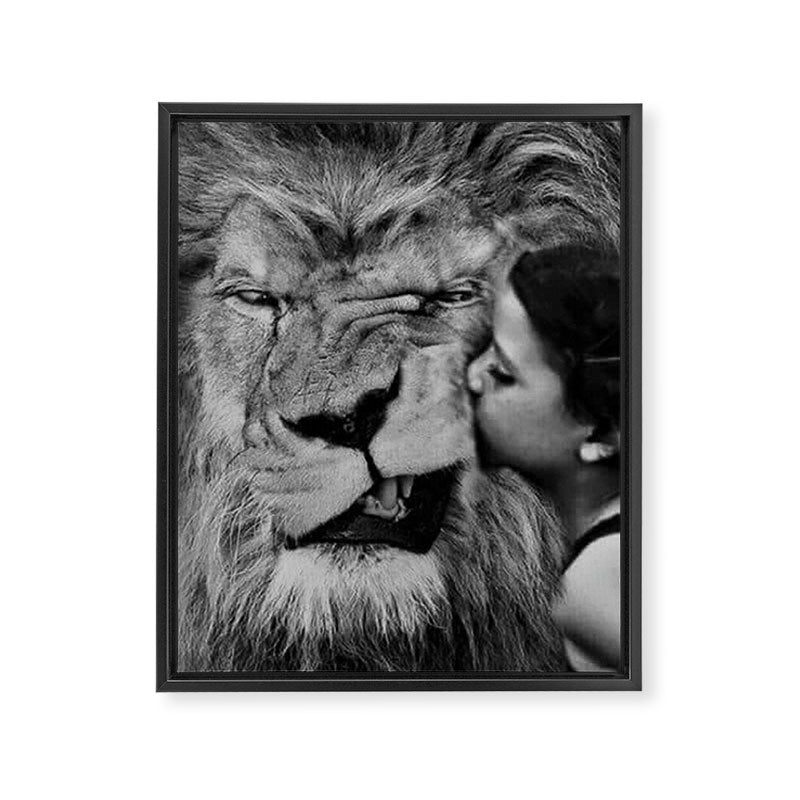 Grouchy Lion being kissed by brunette girl black and white photography Framed Canvas Print Gallery Image 8