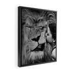 Grouchy Lion being kissed by brunette girl black and white photography Framed Canvas Print Gallery Image 2