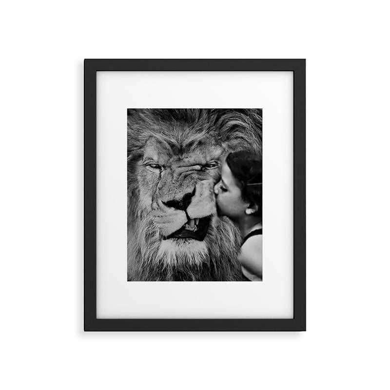 Grouchy Lion being kissed by brunette girl black and white photography Framed Art Print Gallery Image 4