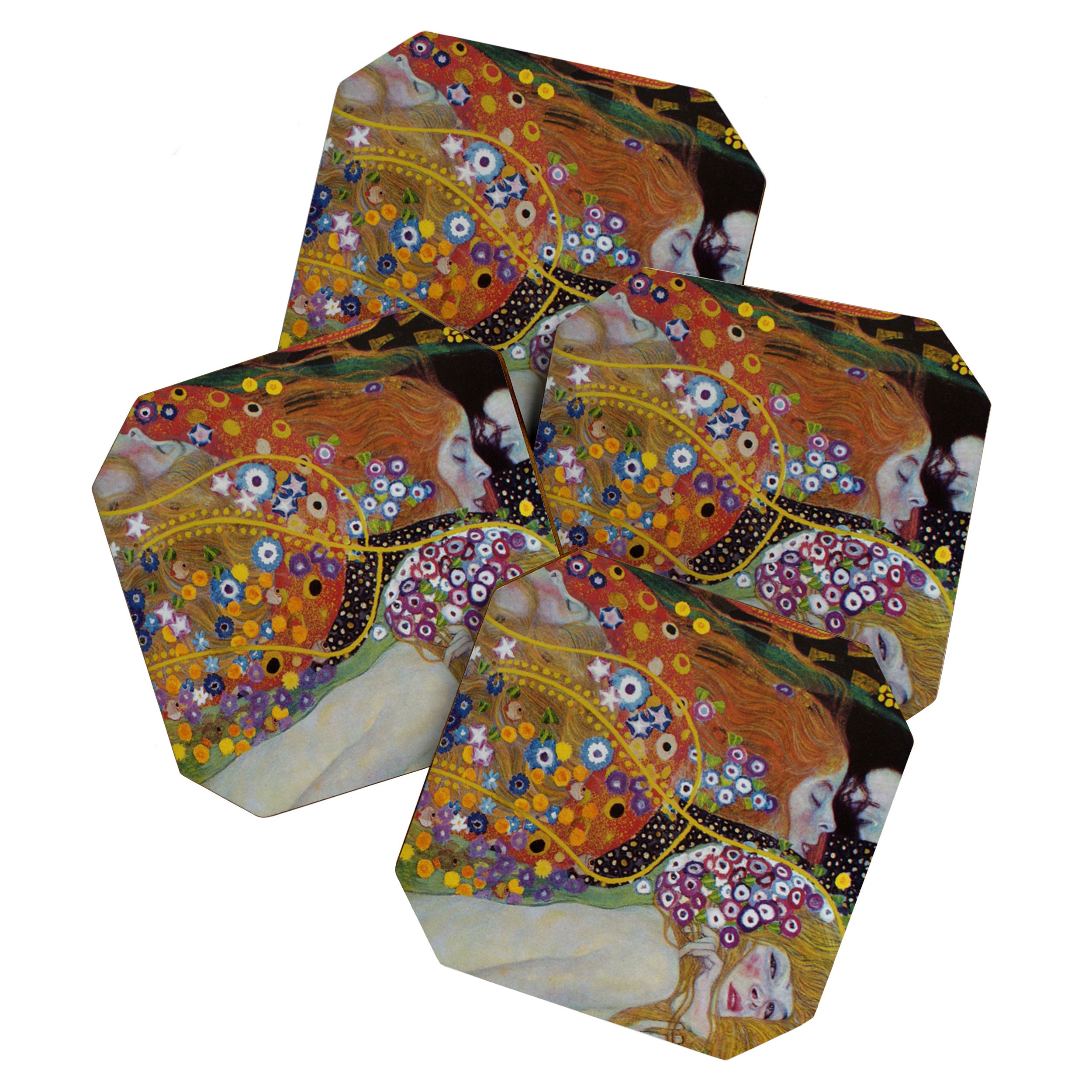 Gustav Klimt - The Mermaids II with poppies oceanic / floral portrait painting Coaster Gallery Image 1