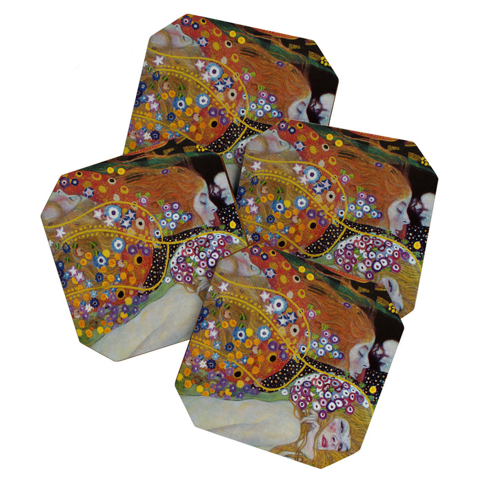 Gustav Klimt - The Mermaids II with poppies oceanic / floral portrait painting Coaster Gallery Image 1