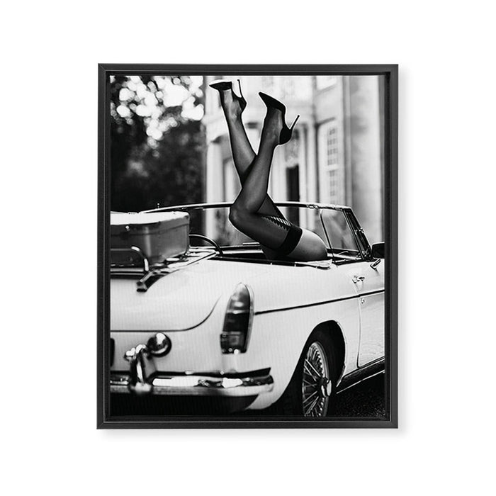 Head over heels stockings and lace high heel female model portrait black and white photograph - photography - photographs Framed Canvas Print Gallery Image 1
