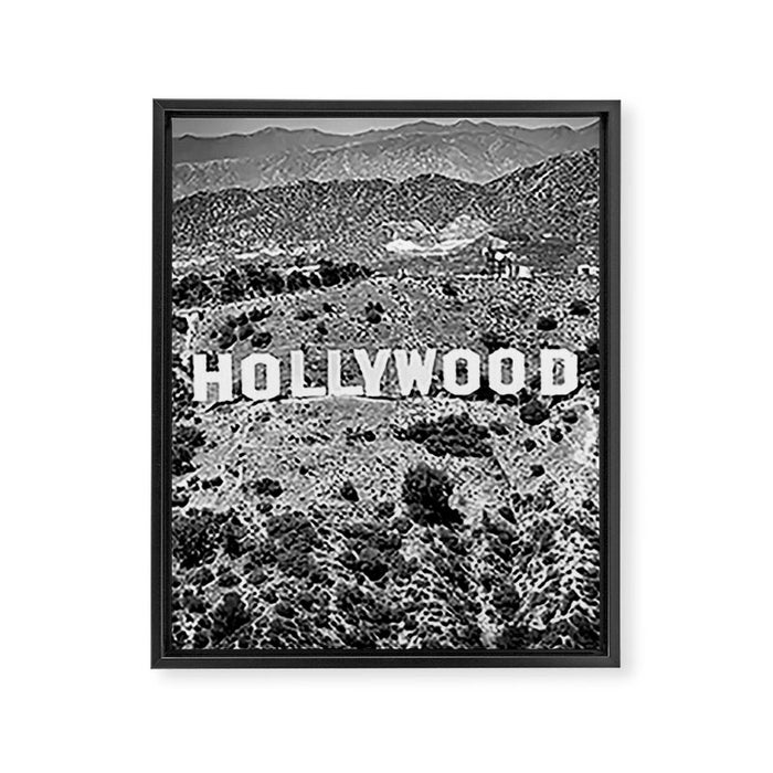Hollywood Sign, Hollywood Hill, California landscape black and white photograph Framed Canvas Print Gallery Image 1