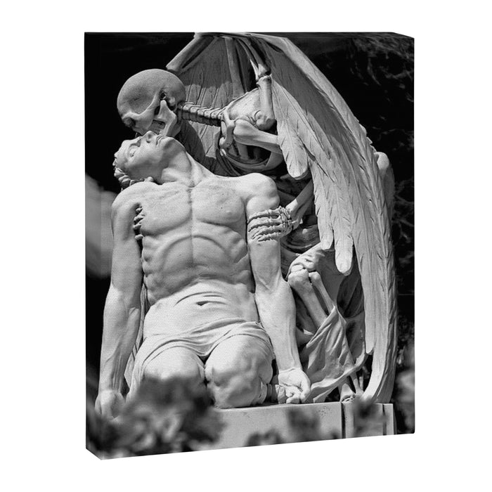 Kiss of Death, grave headstone winged angel of death marble sculpture and man Barcelona, Spain  Canvas Print Gallery Image 1