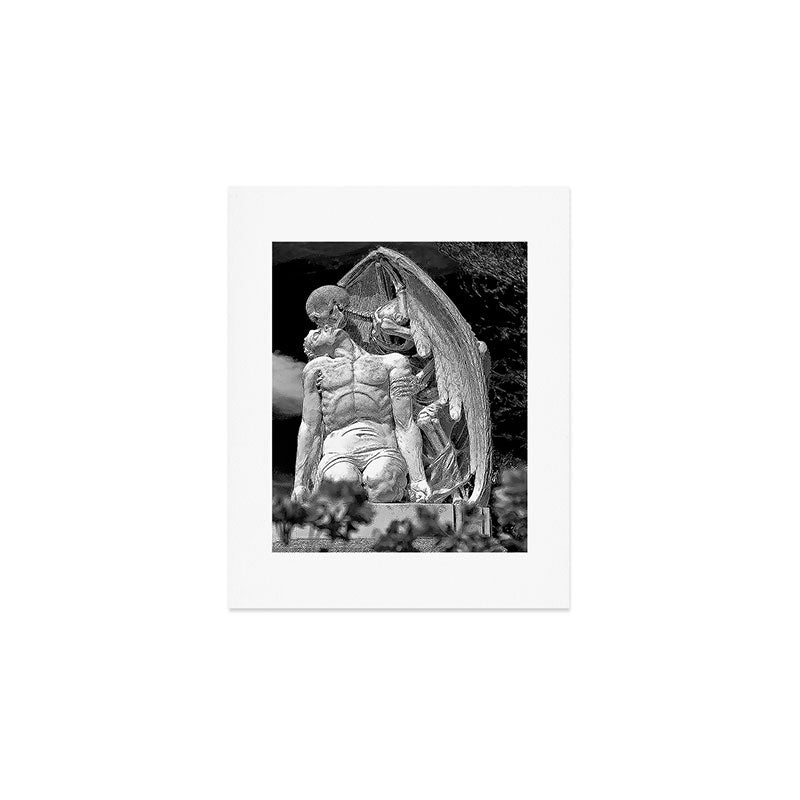Kiss of Death, grave headstone winged angel of death marble sculpture and man Barcelona, Spain  Art Print Gallery Image 1