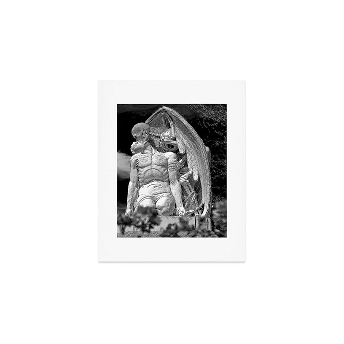 Kiss of Death, grave headstone winged angel of death marble sculpture and man Barcelona, Spain  Art Print Gallery Image 1
