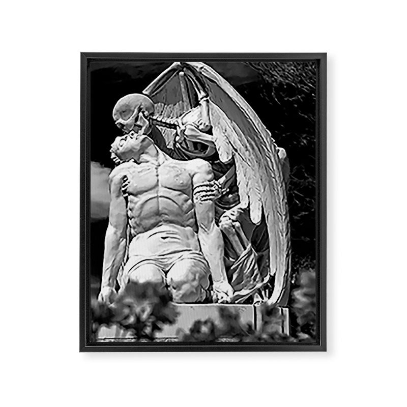 Kiss of Death, grave headstone winged angel of death marble sculpture and man Barcelona, Spain  Framed Canvas Print Gallery Image 8