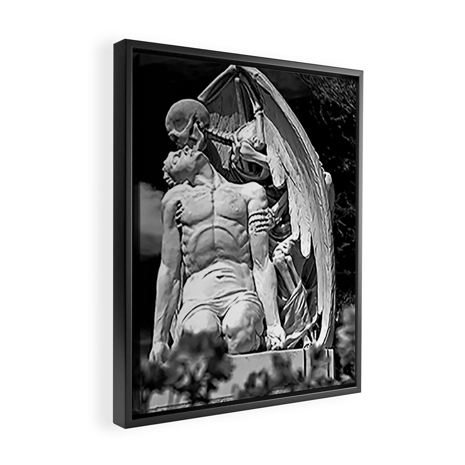 Kiss of Death, grave headstone winged angel of death marble sculpture and man Barcelona, Spain  Framed Canvas Print Gallery Image 2