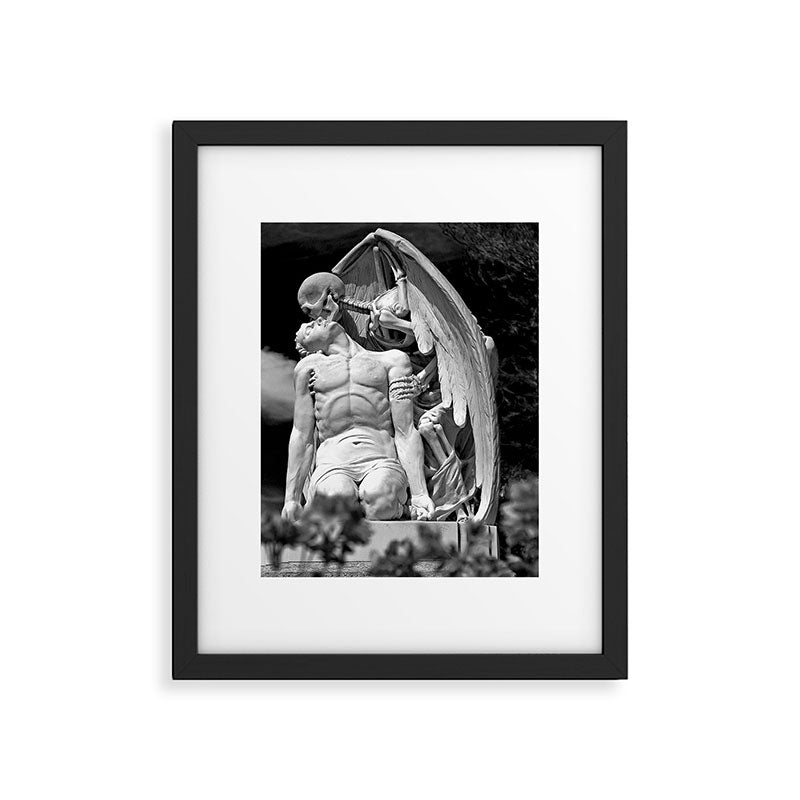 Kiss of Death, grave headstone winged angel of death marble sculpture and man Barcelona, Spain  Framed Art Print Gallery Image 4