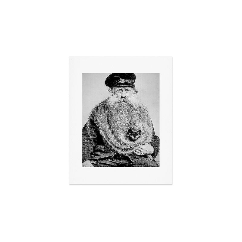 Kitten in the Beard of Old Man black and white photograph Art Print Gallery Image 1