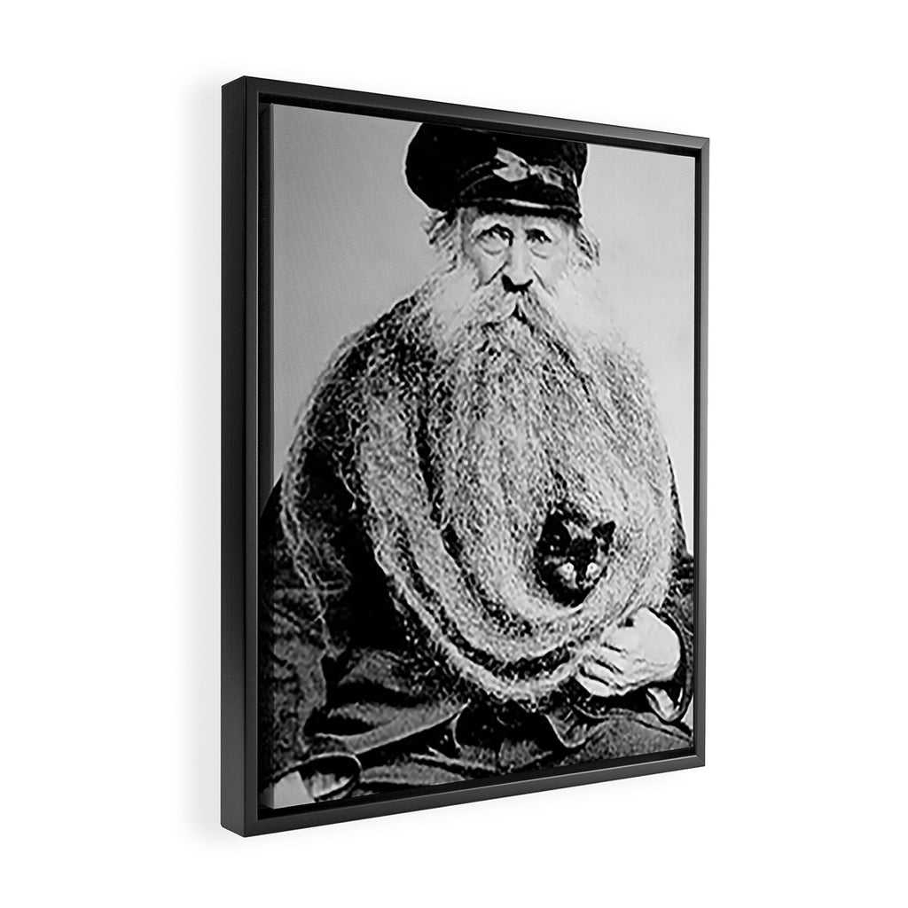 Kitten in the Beard of Old Man black and white photograph Framed Canvas Print Gallery Image 2