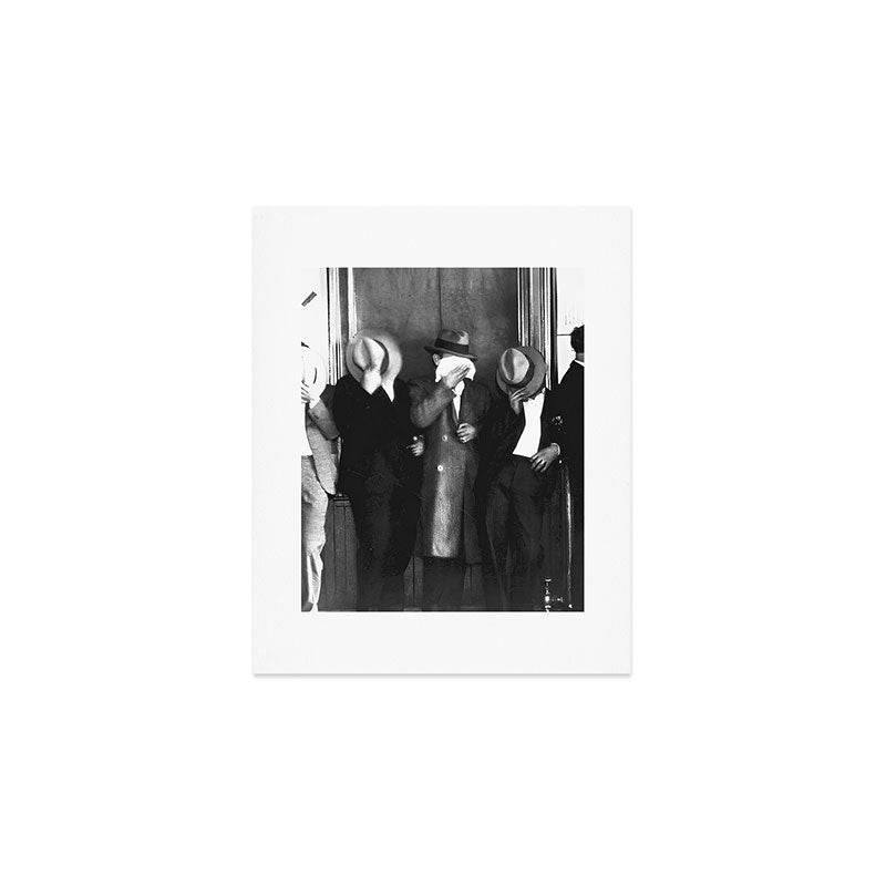 La cosa nostra arrest mug shot Sugar House Gang criminal mob bootleggers hiding faces behind hats black and white photgraph - photgraphy - photographs Art Print Gallery Image 1